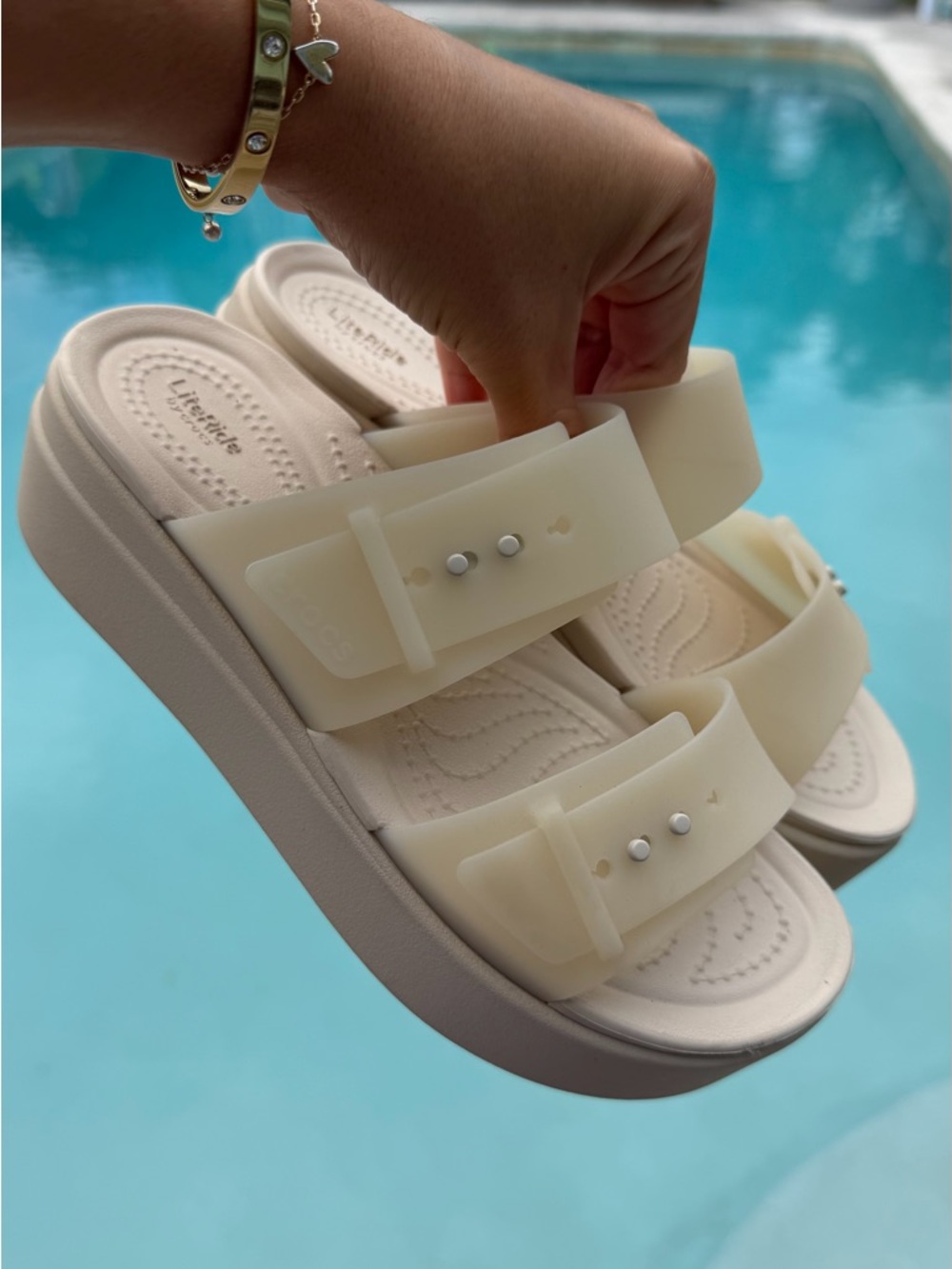 CROCS Brooklyn wedge Women's Cream Double Strap Platform Wedge Slides